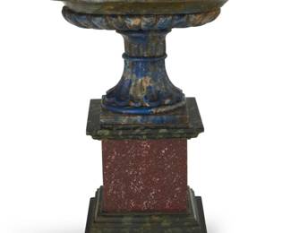 341 A French carved lapis, porphyry, and marble compote 19th/20th century Raised on a slate plinth 9.625" H x 7.875" W x 5.375" D Estimate: $200 - $300