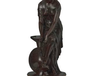 397 Pierre-Eugène-Emile Hébert (1828-1893) "Thetis" Patinated bronze on parcel gilt bronze base Signed and titled in the casting of base; foundry impression verso: GS / MEDAILLE D'OR / 1867 Overall: 21" H x 9" W 8.5" D Estimate: $800 - $1,200