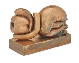 292 Miguel Ortiz Berrocal (1933-2006) "La Totoche," 1972 Brass, articulated Edition: 372/2000 Signed and numbered on the base: Berrocal Assembled from thirteen elements, this work can be configured vertically or horizontally by releasing a lever on the base Upright: 9" H x 8.25" W x 3.625" W; Recumbent: 5.625" H x 8.5" W x 3.625" D Estimate: $1,500 - $2,500