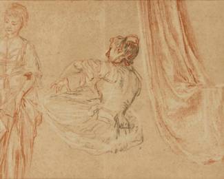 452 After Jean-Antoine Watteau (1684-1721) Reproduction print of "Study Sheet, Two Female Models and Drapery" Offset lithograph on paper Unsigned Sight: 8" H x 11.25" W Estimate: $100 - $200