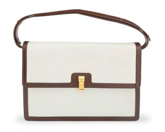 173 Ferragamo: A Vintage White & Brown Leather Shoulder Bag Marked to interior: Salvatore Ferragamo / Made in Italy / Firenze 2 A smooth white leather double compartment envelope flap pocketbook shoulder bag with single gold-tone clasp and branded hardware, pleated sides, and brown leather trim and detachable, adjustable leather strap, and with brown leather lining and multiple interior pockets, as well as a matching coin purse and mirror  7 5/8 in. H x 11 in. W x 2 in. D; drop: 5 1/2 in. Estimate: $100 - $200