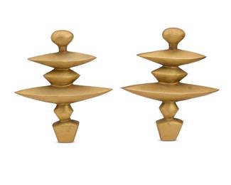 220 After Alberto Giacometti (1901-1966) A pair of 'Zig-Zag'-style gilt bronze andirons, circa 1978 Each stamped: 1978 © NR 2 pieces Each: 13.5" H x 11.375" W x 3.625" D Estimate: $7,000 - $9,000