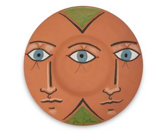 228 Jean Cocteau (1889-1963) "Les trois yeux," 1958 Terracotta charger with black and white ceramic crayon and polychrome enamels Edition: 43/50 Signed recto: Jean Cocteau [star cipher]; inscribed and numbered to underside: Edition originale de Jean Cocteau / Atelier Madeline-Jolly 1.625" H x 14.875" Dia. Estimate: $3,000 - $5,000