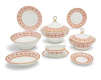 307 A Richard Ginori porcelain 'Ercolano Red' part dinner service Produced 1980-1986 Each with factory green underglaze factory mark and stamped with pattern name Comprising: 8 dinner plates (10.5") 8 salad plates (7.75") 8 saucers (6.75") 1 covered soup tureen (9.75" H x 11.125" W x 9.75" D) 1 covered vegetable dish (7.25" H x 9.625" W x 8.625" D) 1 large bowl (4.25" H x 10.75" Dia.) 2 oval bowls (2.125" H x 9.75" W x 7.125" D) 1 gravy boat with attached underplate (3.375" H x 8.5" W x 5.5" D) 30 pieces Estimate: $800 - $1,200