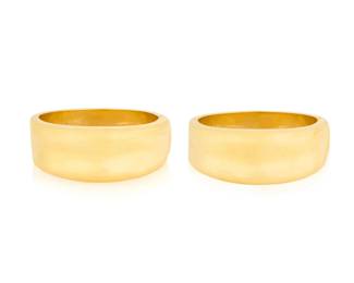 102 A Pair of 18K Gold Bangles Both of a high polished graduated organic hinged design 2 pieces  Measures: 6 /2 in., Width 7/8 in. at the widest point 158.4 grams Estimate: $10,000 - $15,000
