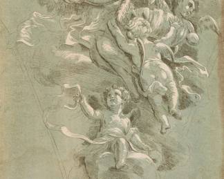 454 Anne Claude Philippe de Tubieres, comte de Caylus (1692-1765); and Nicolas Le Sueur (1691-1764) "Des anges portant la toison de Gedeon" (Angels carrying Gedeon's fleece), Plate 137 from the "Recueil d'estamples d'apres les plus beaux tableaux et d'apres les plus beaux desseins qui sont en France, Cabinet Crozat" series, after a drawing by Andrea Antonio Orazi (1670-after 1749), circa 1729-64 Etching and aquatint in colors (imitating a chiaroscuro woodcut) on laid paper mounted to paper board From the edition of unknown size and date, possibly an 18th century printing Etched with the name of the various artists involved, the title, the series, and the plate number, all in the blank of the plate below the image Image: 15.625" H x 10.125" W; Plate: 17.25" H x 10.5" W; Sheet: 18.75" H x 13" W Estimate: $300 - $500