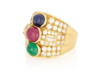63 An 18K Gold, Gem-Set and Diamond Ring Featuring three tiers set with a single oval emerald, ruby and sapphire cabochons, accented by round and baguette diamonds weighing approximately 2.20 carats, with Italian workshop marks  Size: 8 15.5 grams gross Estimate: $3,000 - $5,000