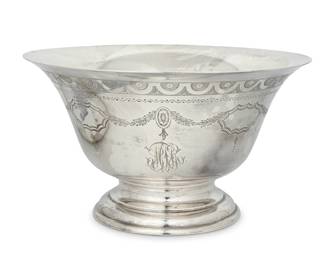 277 A Gorham sterling silver footed bowl and an English sugar bowl Two works:  A Gorham sterling silver footed bowl, late 19th/early 20th century Marked for sterling and: G.M.Co With pierced foliate rim, raised on fluted scroll legs headed by flowerhead ornament 3.375" H x 7" Dia.  An English sterling silver bowl, 1958 With British hallmarks for sterling, London, date, and maker: CJV Ld [C J Vander] Raised on circular spreading foot 2" H x 4" Dia.  2 pieces Total weight: 13.3 oz. troy approximately Estimate: $400 - $600