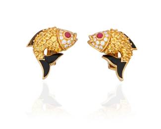 2 Jean Vitau: A Pair of 18K Gold, Gem-Set and Diamond Earclips Of a fish design set with round sapphires, round ruby cabochons, carved onyx elements and round diamonds, signed Jean Vitau 2 pieces  Measures: 1 x 1 in. 18.8 grams Estimate: $800 - $1,200