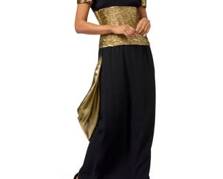 121 Valentino Garavani: A Black & Gold Lamé Evening Gown Circa 1980s, Italy Label: Valentino Boutique / Made in Italy A long black silk crepe dress featuring ruched metallic gold lamé fabric sleeves and a high waist midriff panel, the slightly gathered skirt with a shaped mock back wrap draped panel faced with gold lamé, the dress fully lined in black silk and with a keyhole button closure at back neck and a left side zipper  Size 12: bust across front: 19 in.; waist: 14 1/2 in.; hips: 21 in.; sleeves: 9 in.; CB length: 60 in. Estimate: $1,000 - $1,500