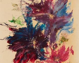 182 James Cagney (1899-1986) Floral spray, circa 1960s Oil on board Signed lower left and lower right: Jim Cagney; signed again and inscribed to Joanna and Johnny Carson, all in ink on the frame's backing paper 14" x 8" W Estimate: $50 - $75