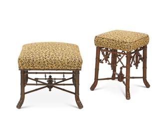 374 Two Victorian faux bamboo stools 19th century Each with bamboo-form frame and legs joined by an X-stretcher with turned finial, later upholstered in a leopard print fabric 2 pieces Taller: 20" H x 15.25" W x 15.25" D; Shorter: 16.5" H x 20" W x 20" D Estimate: $600 - $800