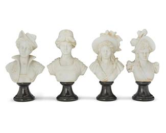 306 Four carved marble busts of ladies 20th century Each unmarked Mounted on black marble socles 4 pieces Each: 12.25" H x 7" W x 4.5" D approximately Estimate: $600 - $800