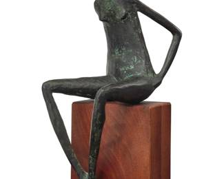 302 Ralph Tarzian (1924-2019) Modern seated figure Verdigris patinated bronze on wood plinth Edition: 2/10 Signed and numbered on the figure's leg: R. Tarzian Bronze: 14.75" H x 6.5" W x 9.375" D; Overall: 15" H Estimate: $300 - $500