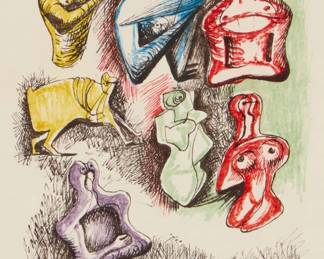 216 Henry Moore (1898-1986) "Untitled," from "Ideas for Sculpture," 1966 Lithograph in colors on Japon nacre Edition: 39/50 Signed and numbered in pencil in the lower margin: Moore; signed again and dated in the stone; J. E. Wolfensberger, Zurich, Switzerland, prntr.; Galerie Gérald Cramer, Geneva, Switzerland, pub. Image: 11.5" H x 9.5" W; Sight: 23.125" H x 17.625" W Estimate: $600 - $800