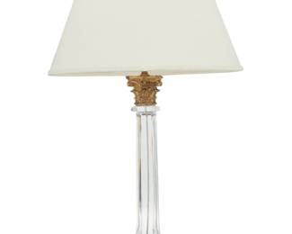 446 A Neoclassical style glass candlestick lamp Late 20th century Unmarked The columnar standard surmounted by a gilt-bronze capital issuing a telescoping metal rod with two lights, surmounted by a fabric-lined paper shade, electrified Lamp: 30.5" H x 8" Dia., dimensions variable; Shade: 10.5" H x 17.5" Dia. Estimate: $300 - $500