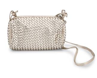 172 Bottega Veneta: A Vintage Small Metallic Silver Intrecciato Woven Leather Shoulder Bag Stamped to interior: Bottega Veneta / Made in Italy A zip-top soft bag with woven leather exterior, a long leather shoulder strap, and black leather lining  7 in. H x 9 1/4 in. W x 4 in. D; drop: 14 in. Estimate: $200 - $400