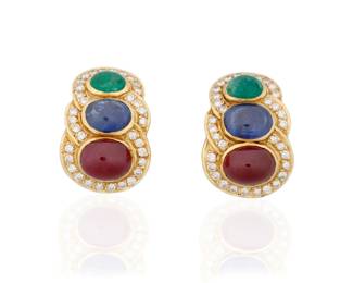 64 A Pair of 14K Gold, Gem-Set and Diamond Earclips Featuring graduated oval ruby, sapphire and emerald cabochons, accented by round diamonds weighing approximately 1.28 carats total 2 pieces  Measures: 1 x 3/4 in. 25.8 grams gross Estimate: $2,000 - $3,000