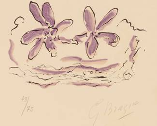 234 Georges Braque (1882-1963) "Deux fleurs violettes," from "Lettera amorosa" suite, 1963 Lithograph in colors on wove paper Edition: 49/75 Signed and numbered in pencil in the lower margin: G. Braque; Mourlot, Paris, France, prntr.; Edwin Engelberts, Geneva, Switzerland, pub. Image: 4" H x 6.25" W; Sight: 13.375" H x 9.75" W Estimate: $700 - $900