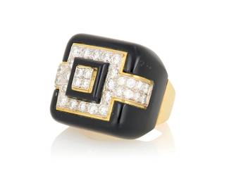 75 An 18K Gold, Onyx and Diamond Ring and Earring Set Of a geometric design featuring panels of onyx, accented by round diamonds weighing 4.80 carats total 3 pieces  Earrings: 3/4 x 3/4 in., Ring: 8 48.1 grams gross Estimate: $3,000 - $5,000