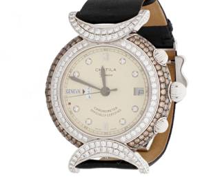 30 Chatila: An 18K White Gold, Diamond and Colored Diamond Watch Dial: 30.00 mm, round with diamond set hour markers, encircled by round brown and near-colorless diamonds weighing approximately 4.70 carats Model: Chronometer Case: 40.00 mm Case number: BA81, 96 Closure: black satin strap with deployment clasp Signed: case, dial and strap  Inner circumference: 6 - 6 3/4 in. 120.1 grams gross  Accent diamonds: Approximate overall color and clarity: F-G-H, M- Brown, VS-SI Estimate: $6,000 - $8,000