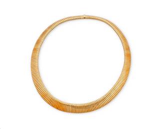44 An 18K Gold Collar Necklace Of a graduated tubogas design  Length: 15 in. 65.0 grams gross Estimate: $4,000 - $6,000