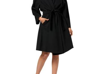 161 Fendi: A Black Wool '365' Swing Coat Circa 1980s-1990s, Italy Label: Fendi / 365 / Made in Italy; material tag: 50% wool, 25% cashmere, 25% lambswool A smooth wool-mix wrap coat with deep raglan sleeves, shoulder pads, welted front slash pockets, a roll-neck collar and self-sash belt, with branded Bemberg cupro lining  Size 8 (USA): CB length: 43 in.; sleeves (from collar): 28.5 in.; across back at underarms: 27 in. Estimate: $300 - $500