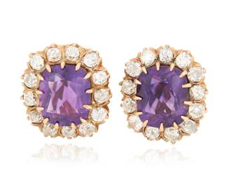 94 A Pair of Gold, Amethyst and Diamond Earrings Centering two cushion-cut amethysts weighing approximately 4.07 and 3.86 carats, encircled by old mine-cut diamonds weighing approximately 2.60 carats total 2 pieces  Measures: 3/4 x 1/2 in. 10.86 grams gross Estimate: $1,000 - $2,000