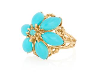 111 A 14K Gold and Composite Turquoise Ring Of a floral design featuring cabochons of blue composite turquoise  Size: 6 3/4 9.4 grams gross Estimate: $250 - $350