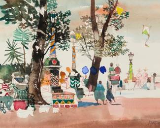 258 Dong Moy Chu Kingman (1911-2000) "Street Corner - Mexico City" Watercolor on paper Signed lower right: Kingman; signed again and titled on the frame's backing board: Dong Kingman; titled again on three typed gallery labels affixed to the frame's backing board Sight: 14.375" H x 21.5" W Estimate: $500 - $700