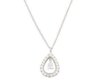 35 A 14K White Gold and Diamond Pendant Necklace Centering a pear-shaped diamond weighing approximately 0.75 carat, accented by a pear-shaped frame set with round diamonds weighing approximately 0.57 carat  Chain: 17 in., Pendant: 1 x 1/2 in. 4.3 grams gross Estimate: $1,000 - $1,500