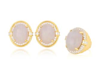 81 An 18K Gold Lavender Jade and Diamond Ring and Earring Set Featuring three oval greyish lavender jade cabochons, accented by round diamonds weighing approximately 3.45 carats total 3 pieces  Ring: 7 1/2, Earrings: 1 x 3/4 in. 58.8 grams gross Estimate: $3,000 - $5,000