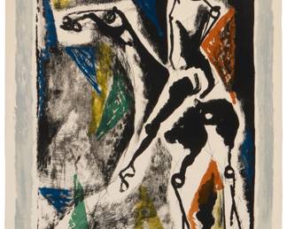 218 Marino Marini (1901-1980) "La Acrobata," 1956 Lithograph in colors on wove paper Edition: 23/50 Signed and numbered in pencil in the lower margin: Marino; Mourlot, Paris, France, prntr.; Berggruen & Cie, Paris, France, pub. Image: 24.5" H x 18.5" W; Sheet: 16.25" H x 19.875" W Estimate: $300 - $500