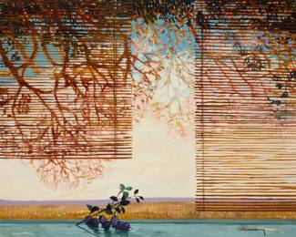 357 Michel Henry (1928-2016) Landscape through bamboo window shades Oil on canvas Signed lower right: Michel Henry 45" H x 57.5" W Estimate: $1,000 - $2,000
