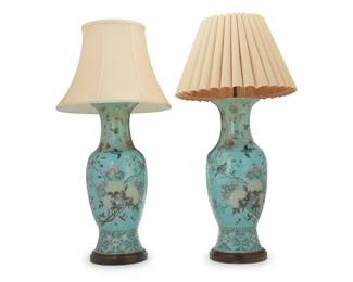 375 A pair of Chinese Famille Verte style porcelain lamps Mid/late 20th century The baluster-form vases mounted as two-light lamps, each with telescoping rod, one with fabric shade, the other with lobed paper shade, electrified 2 pieces Each porcelain: 23.375" H x 9.25" Dia.; Each lamp: 37" H, dimensions variable; Taller shade: 13.5" H x 18.25" Dia. Estimate: $400 - $600
