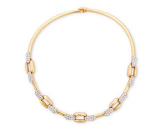 101 A 14K Bi-Color Gold and Diamond Collar Necklace Of a high polish design featuring rounded rectangular links, accented by arrow motifs set with round diamonds weighing approximately 4.40 carats  Measures: 13 in. 45.7 grams gross Estimate: $3,500 - $5,500