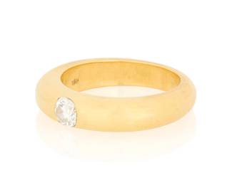 6 An 18K Gold and Diamond Ring Of a high polish design featuring a singular round diamond weighing approximately 0.45 carat  Size: 8 1/2 14.2 grams Estimate: $1,200 - $1,800