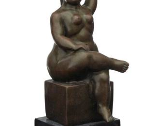 317 After Fernando Botero (1932-2023) A patinated bronze figure, 20th century Pseudo-inscribed in the casting: Clodion Raised on a composite base Bronze: 9.25" H x 3.75" W x 4.75" D; Overall: 10.5" H x 4.375" W x 5" D Estimate: $200 - $400