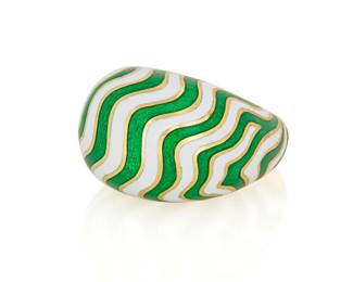 50 David Webb: An 18K Gold and Enamel Ring Of a domed design featuring undulating lines of green and white enamel, signed Webb  Size: 8 1/4 23.1 grams gross Estimate: $3,000 - $5,000