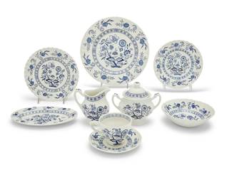 373 A J. & G. Meakin English ironstone 'Blue Nordic' dinner service Late 20th century Each with factory marks: J & G Meakin / Classic; most marked with pattern name Comprising: 10 dinner plates (10") 26 salad plates (8") 29 bread & butter plates (7") 4 coupe cereal bowls (6.5") 29 flat cups (2.875" H x 4.625" W x 3.625" D) 30 saucers (5.75") 1 small oval platter (8.5" W x 5.375" D) 1 creamer (4.5" H x 4.5" W x 3.5" D) 1 lidded sugar bowl (5.25" H x 6" W x 4.5" D) 131 pieces Estimate: $300 - $500