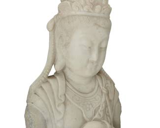381 A carved marble bust of Guanyin 20th century Raised on a painted wood plinth Bust: 16" H x 9.5" W x 6.25" D; Plinth: 9" H x 12" W x 9.25" D Estimate: $800 - $1,200