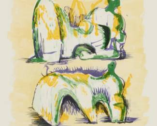 217 Henry Moore (1898-1986) "Two Reclining Figures in Yellow and Green," from "Meditations on the Effigy," 1967 Lithograph in colors on paper Edition: 32/50 Signed, dated, and numbered in pencil in the lower margin: Moore / 67; J.E Wolfensberger, Zurich, Switzerland, prntr.; Marlborough Fine Art Ltd., London, England, pub. Image: 13.25" H x 11.5" W; Sight: 30.5" H x 21.75" W Estimate: $600 - $800
