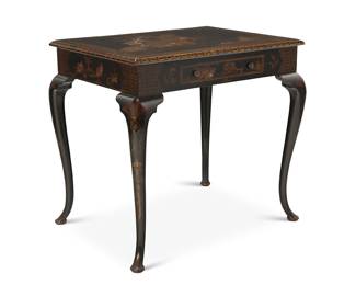 350 A Chinese Export ebonized wood writing table 20th century In the Queen Anne style with single drawer, the top and sides painted with Japanese-style figural tableaus and phoenixes, with overlaid elements in relief, raised on cabriole legs with pad feet 28.25" H x 31" W 23" D Estimate: $700 - $900