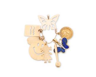 93 A 14K Gold Pendant and Charms Of a butterfly design suspending seven charms featuring a lapis lazuli butterfly, a St.Christopher medal, a smiley face, a gavel, a child cut out, and two flat elements  Measures: 3 1/2 x 2 in. 28.7 grams gross Estimate: $1,500 - $2,000