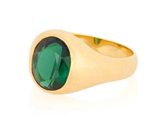 104 A 14K Gold and Green Tourmaline Ring Of a signet design centering an oval green tourmaline weighing approximately 4.12 carats  Size: 10 3/4 11.4 grams gross Estimate: $1,200 - $1,500