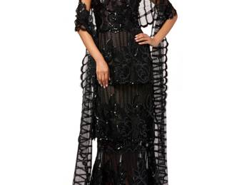 147 Arnold Scaasi: A Black Lace & Sequin Evening Gown Ensemble Circa 1970s-1980s Label: Arnold Scaasi A tiered black floral lace and silk tulle bustier dress embellished with black sequins, with a lightly boned bodice, a pale pink partial lining, and back zipper, together with a similar design lace net stole wrap with horizontal stripes and scalloped edges finished with lines of black sequins 2 pieces  Dress: no size label: bust across front: 19 in.; waist: 14 1/2 in.; hips: 19 in.; CB length: 51 in. Stole: 124 in. x 16 in. approximately Estimate: $200 - $400