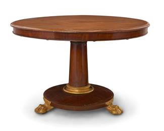 370 A William IV mahogany tilt top breakfast table Circa 1830 The pedestal support with later gilding to base and three paw feet Open: 31.25" H x 47.75" Dia.; Stored: 60.75" H Estimate: $1,000 - $1,500