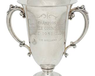 269 An International Sterling silver trophy cup 1930s Impressed factory marks and: STERLING / Z11; with commemorative inscription: Tepper Trophy / Plainfield Horseshow / 1938 / Awarded to / Horsemanship / June 8.375" H x 6.875" W x 4" D 8.8 oz. troy approximately Estimate: $200 - $300
