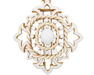 48 David Webb: An 18K Gold, Enamel and Diamond Pendant/Brooch Of an openwork design accented by white enamel and finished with twenty round diamonds weighing approximately 2.35 carats, signed Webb  Measures: 2 1/2 x 2 1/2 in. 64.5 grams gross Estimate: $6,000 - $8,000