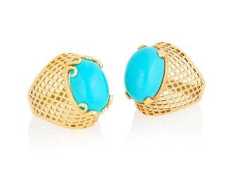112 A Pair of 14K Gold and Composite Turquoise Rings Centering two oval composite turquoise cabochons set in an open lattice work design  Size: 8 and 8 1/2 18.2 grams gross Estimate: $500 - $700